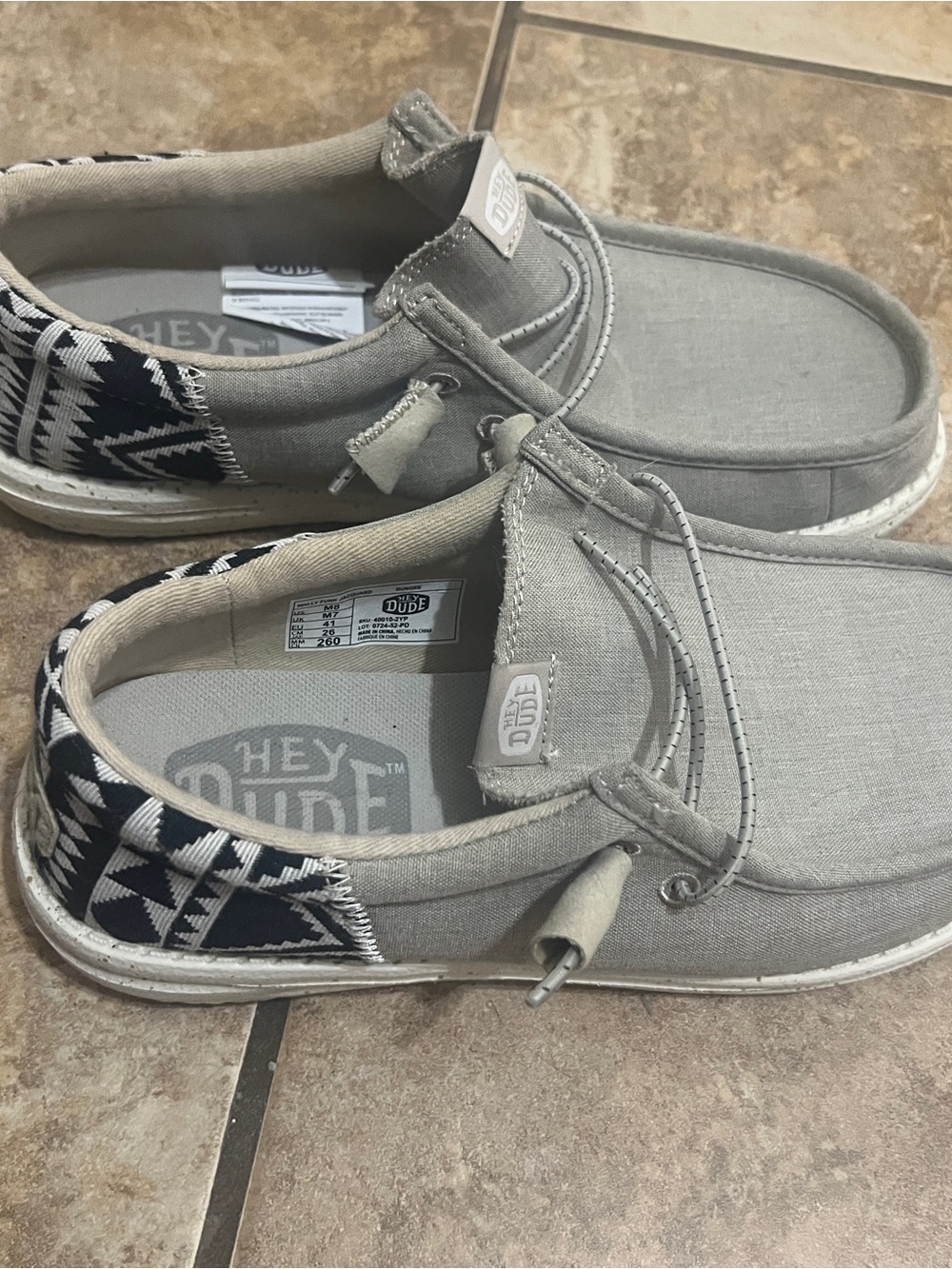 Hey Dude Light Gray Canvas Sneakers with Black & White Aztec Trim